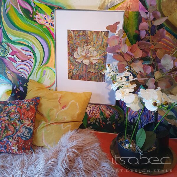 white rose on colourful background with gold highlights - with mandala pillow and flowers