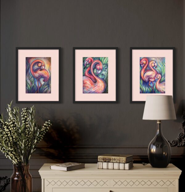 three flamingos in series - mockup framed on dark wall