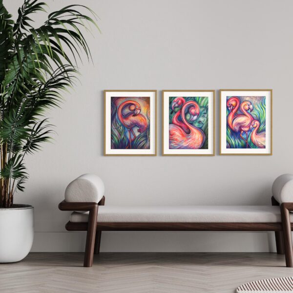 three flamingos in series - mockup framed on light grey wall - square
