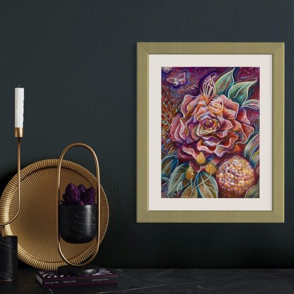 Red rose and Banksia styled on dark grey wall styled with candelabra with gold frame - square