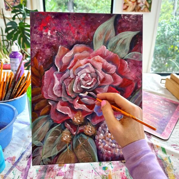 Red rose and Banksia artwork in progress