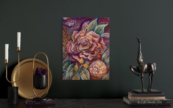 Red rose and Banksia styled on dark grey wall styled with sculpture and candelabra - rectangle