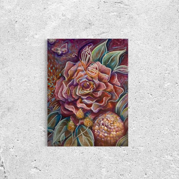 Red rose and Banksia on light grey textured wall
