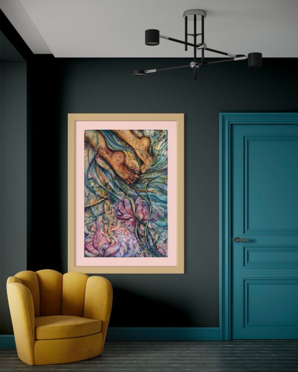 Just Keep Swimming - artwork mocked up on dark wall with yellow chair